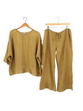 La Bottega di Brunella Golden Shiny Linen Top Wide Leg Pants Outfit Set One Size